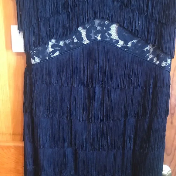 From Bloomingdale’s  navy long evening gown with all fringes and fully lined - Picture 12 of 17